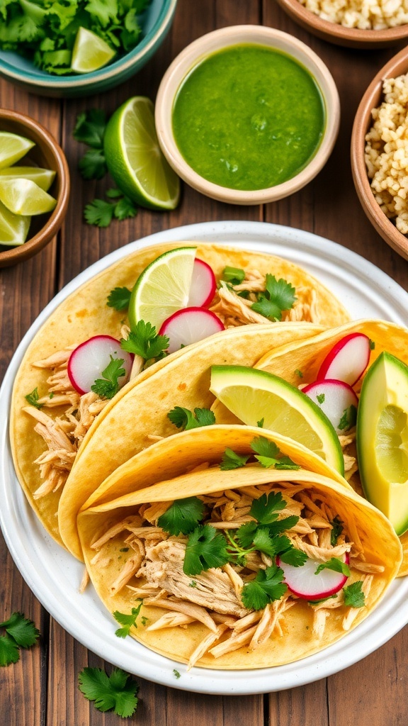 Shredded salsa verde chicken in tortillas with cilantro and lime, served on a rustic table.
